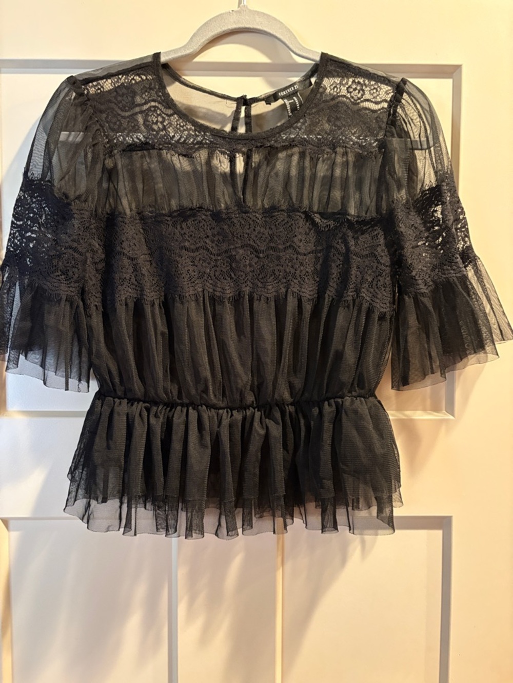Forever 21 Black Sheer Lace Peplum Blouse - Medium - Goth Fairy, Dark Academia